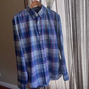 Button Up Shirt J. Crew Mens Large Blue pink Plaid Spring Colors 100% Cotton